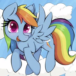 Size: 2048x2048 | Tagged: safe, artist:zokkili, rainbow dash, pegasus, pony, g4, blushing, cloud, cute, dashabetes, feathered wings, female, flying, high res, looking at you, mare, sky, smiling, solo, spread wings, wings