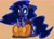 Size: 2048x1472 | Tagged: safe, artist:zokkili, nightmare moon, alicorn, pony, g4, female, halloween, helmet, holiday, horseshoes, jack-o-lantern, orange background, owo, pumpkin, simple background, solo