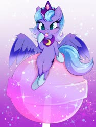 Size: 3000x4000 | Tagged: safe, artist:zokkili, princess luna, alicorn, pony, g4, belly button, candy, chibi, cute, female, filly, food, jewelry, lollipop, lunabetes, purple background, simple background, sitting, solo, spread wings, tiara, tongue out, wings, woona, younger