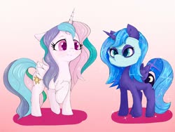 Size: 2250x1688 | Tagged: safe, artist:zokkili, princess celestia, princess luna, alicorn, pony, g4, blushing, duo, female, gradient background, mask, pink background, royal sisters, siblings, simple background, sisters