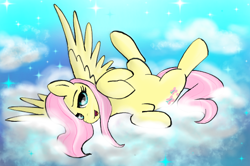 Size: 600x398 | Tagged: safe, artist:rainbowfoxxy, fluttershy, pegasus, pony, g4, belly, cloud, female, looking at you, mare, on back, sky, solo