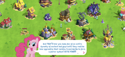 Size: 2436x1125 | Tagged: safe, gameloft, cornicle, cyclops-clops, hard hat (g4), lily, lily valley, mean twilight sparkle, pinkie pie, rivet, earth pony, pony, g4, captain goodguy, game screencap, pun