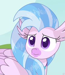 Size: 950x1104 | Tagged: safe, artist:rainbow eevee, silverstream, classical hippogriff, hippogriff, g4, cute, diastreamies, female, folded wings, frown, looking at something, purple eyes, scene interpretation, sky, solo, wings