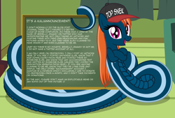 Size: 3336x2252 | Tagged: safe, artist:badumsquish, derpibooru exclusive, oc, oc only, oc:kalianne, lamia, original species, snake, announcement, baseball cap, cap, chalkboard, coils, couch, crossed hooves, curtains, fangs, female, fireplace, hat, high res, house, looking at you, open mouth, parody, play on words, prehensile tail, smiling, snek, solo, tail hold, text, top gun hat, window