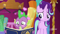 Size: 1280x720 | Tagged: safe, screencap, spike, starlight glimmer, dragon, pony, unicorn, a-dressing memories, g4, spoiler:a-dressing memories, spoiler:mlp friendship is forever, 9now, amused, animated, blushing, claws, cute, duo, embarrassed, fantasizing, female, floating heart, gif, heart, implied rarity, implied shipping, implied sparity, implied straight, knowing, lidded eyes, male, mare, nine network, raised eyebrow, realization, shipping fuel, smiling, smirk, spikabetes, winged spike, wings