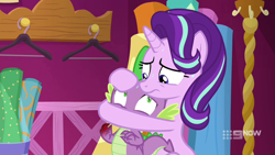 Size: 1280x720 | Tagged: safe, screencap, spike, starlight glimmer, dragon, pony, unicorn, a-dressing memories, g4, my little pony: friendship is forever, 9now, carousel boutique, claws, covering mouth, duo, female, frown, implied injury, looking at each other, male, mare, nine network, shrunken pupils, sweat, winged spike, wings