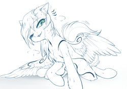 Size: 2388x1668 | Tagged: safe, artist:swaybat, oc, oc only, oc:cynosura, pegasus, pony, body markings, bodypaint, female, kneeling, lineart, looking at you, mare, monochrome, pegasus oc, simple background, sketch, solo, sweat, wet, wet mane, white background, wings