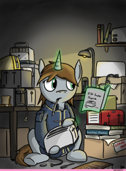 Size: 920x1244 | Tagged: safe, artist:derpiwolf, oc, oc only, oc:littlepip, pony, unicorn, fallout equestria, book, clothes, fanfic, fanfic art, female, glowing horn, hooves, horn, instructions, jumpsuit, levitation, magic, mare, pipbuck, reading, sitting, solo, telekinesis, toaster, toaster repair pony, unicorn oc, vault suit
