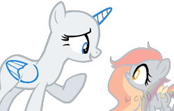 Size: 836x532 | Tagged: safe, artist:skulifuck, oc, oc only, alicorn, pegasus, pony, g4, alicorn oc, base, base used, duo, eyelashes, female, horn, looking at each other, looking up, magical lesbian spawn, magical threesome spawn, mare, multiple parents, offspring, open mouth, parent:derpy hooves, parent:fluttershy, parent:rainbow dash, parents:derpydash, parents:derpyshy, parents:flutterdash, parents:flutterderpydash, pegasus oc, raised hoof, simple background, smiling, transparent background, wings