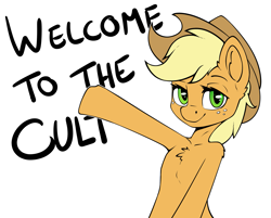Size: 2939x2358 | Tagged: safe, artist:anonymous, applejack, earth pony, semi-anthro, g4, 4chan, arm hooves, drawthread, female, high res, lidded eyes, looking at you, raised hoof, simple background, solo, text, white background