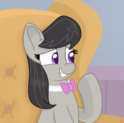 Size: 1300x1288 | Tagged: safe, artist:rainbow eevee, octavia melody, earth pony, pony, a horse shoe-in, g4, bow, bowtie, couch, cute, female, looking at something, raised hoof, scene interpretation, sitting, smiling, solo