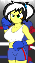 Size: 1080x1920 | Tagged: safe, artist:toyminator900, oc, oc only, oc:uppercute, equestria girls, g4, beautiful, beautisexy, boxing, boxing gloves, boxing ring, breasts, clothes, determined look, female, freckles, green eyes, gym shorts, ring, serious, sexy, shorts, solo, sports, sports bra, tank top, thighs, tomboy