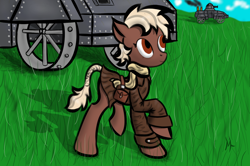 Size: 1474x978 | Tagged: safe, artist:mintlynx, earth pony, pony, clothes, female, grass, jacket, mare, steampunk, tank (vehicle), vehicle