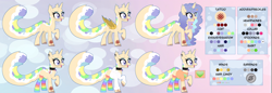 Size: 17389x6000 | Tagged: safe, artist:calibykitty, oc, oc only, oc:mish-mash, alicorn, bat pony, bat pony alicorn, pony, alicorn oc, artificial wings, augmented, bat pony oc, bat wings, cat tail, clothes, collar, ear piercing, earring, eyeshadow, headphones, hoodie, horn, jewelry, makeup, mechanical wing, multicolored hair, multicolored mane, multicolored tail, pastel colors, piercing, rainbow socks, raised hoof, reference sheet, socks, solo, stockings, striped socks, tattoo, thigh highs, uwu, wings