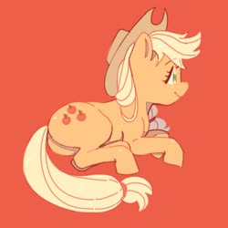 Size: 2048x2048 | Tagged: dead source, safe, artist:chapaghettii, applejack, earth pony, pony, g4, applejack's hat, cowboy hat, cute, female, hat, high res, jackabetes, looking away, lying down, mare, orange background, profile, prone, simple background, solo