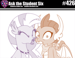 Size: 800x620 | Tagged: safe, artist:sintakhra, silverstream, smolder, classical hippogriff, dragon, hippogriff, tumblr:studentsix, g4, adorable distress, animated, bandana, cute, diastreamies, female, gif, intense, nuzzling, smolderbetes, snuggling, this will end in pain