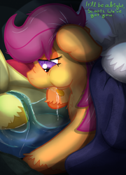 Size: 1553x2160 | Tagged: safe, artist:not_texmex, derpibooru exclusive, part of a set, apple bloom, scootaloo, sweetie belle, earth pony, pony, g4, caring for the sick, drool, nauseous, plastic bag, sick, story included, text, tongue out, unshorn fetlocks