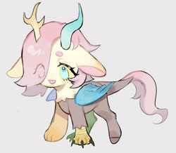 Size: 1998x1740 | Tagged: safe, artist:puzi, fluttershy, draconequus, g4, beanbrows, cute, draconequified, eye clipping through hair, eyebrows, female, flutterequus, foal, gray background, mismatched horns, mismatched wings, open mouth, open smile, shyabetes, simple background, smiling, solo, species swap, wings, yellow sclera