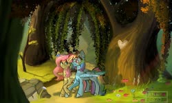 Size: 1336x800 | Tagged: safe, artist:ametff3, fluttershy, rainbow dash, pegasus, pony, g4, bandage, carving, dappled sunlight, female, flower, flower in hair, forest, goggles, holding hooves, lesbian, looking at each other, mare, scenery, ship:flutterdash, shipping, tree