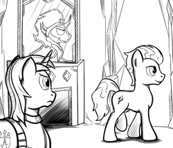 Size: 700x600 | Tagged: safe, artist:sirvalter, king sombra, shining armor, oc, oc only, oc:reason, crystal pony, pony, unicorn, fanfic:steyblridge chronicle, black and white, clothes, crystal castle, crystal empire, fanfic, fanfic art, female, grayscale, hooves, horn, illustration, male, mare, monochrome, stallion, uniform