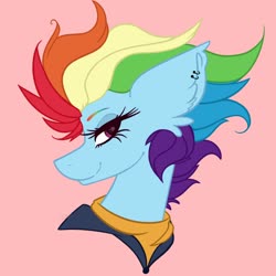 Size: 2500x2500 | Tagged: safe, artist:namiiarts, rainbow dash, pegasus, pony, g4, bust, clothes, ear piercing, earring, female, high res, jacket, jewelry, older, older rainbow dash, piercing, pink background, shirt, simple background, solo