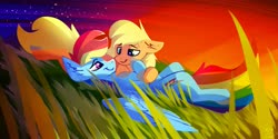 Size: 4096x2049 | Tagged: safe, artist:spntax, applejack, rainbow dash, earth pony, pegasus, pony, g4, female, grass, grass field, lesbian, lying down, night, night sky, ship:appledash, shipping, sky, spread wings, stars, wings