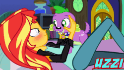 Size: 800x450 | Tagged: safe, artist:uzzi-ponydubberx, flash sentry, spike, sunset shimmer, dog, human, equestria girls, g4, animated, bestiality, caught, clothes, female, interspecies, jacket, kiss on the lips, kissing, leather jacket, male, ship:sunsetspike, shipping, spike gets all the equestria girls, spike the dog, straight