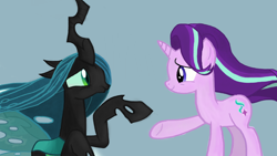 Size: 1280x720 | Tagged: artist needed, source needed, safe, queen chrysalis, starlight glimmer, changeling, pony, unicorn, g4, to where and back again, colored, female, mare, scene interpretation