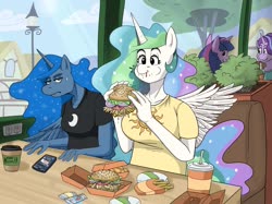 Size: 2732x2048 | Tagged: safe, artist:nosch, princess celestia, princess luna, starlight glimmer, twilight sparkle, alicorn, unicorn, anthro, g4, burger, cellphone, clothes, cup, cute, eating, ethereal mane, female, food, french fries, hay burger, hay fries, high res, luna is not amused, mare, phone, restaurant, royal sisters, shirt, smartphone, spread wings, t-shirt, unamused, wings
