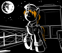 Size: 700x600 | Tagged: safe, artist:sirvalter, oc, oc only, oc:professor beaker, pony, unicorn, fanfic:steyblridge chronicle, black and white, celestia in the moon, clothes, fanfic, fanfic art, female, full moon, grayscale, hooves, horn, illustration, mare, mare in the moon, military uniform, monochrome, moon, neo noir, night, partial color, raised hoof, research institute, scientist, solo