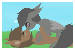 Size: 2820x1890 | Tagged: safe, artist:pam-sparky, oc, oc only, oc:arqui, pegasus, pony, blushing, boop, gay, gift art, glasses, grass, grass field, heart, kissing, lineless, love, lying down, lying on top of someone, male, nose kiss, noseboop, pegasus oc, wings