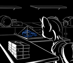 Size: 700x600 | Tagged: safe, artist:sirvalter, oc, oc only, oc:scripted switch, pony, unicorn, fanfic:steyblridge chronicle, black and white, book, clothes, fanfic, fanfic art, grayscale, horn, illustration, laboratory, male, monochrome, mug, neo noir, partial color, research institute, scientist, solo, stallion