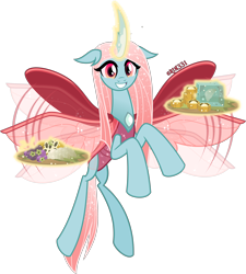 Size: 4000x4453 | Tagged: safe, artist:orin331, ocellus, changedling, changeling, changeling queen, g4, absurd resolution, buzzing wings, changeling food, cute, diaocelles, female, flying, food, glowing, glowing horn, grin, horn, looking at you, magic, magic aura, older, older ocellus, platter, queen ocellus, signature, simple background, smiling, smiling at you, solo, spread wings, telekinesis, transparent background, vector, wings