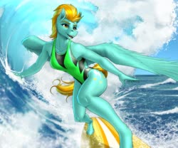 Size: 5700x4750 | Tagged: safe, artist:mykegreywolf, lightning dust, pegasus, anthro, unguligrade anthro, g4, absurd resolution, armpits, breasts, clothes, commission, female, mare, ocean, one-piece swimsuit, open-back swimsuit, reasonably sized breasts, solo, sports swimsuit, surfing, swimsuit, uniform, wade, washouts uniform, wave