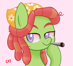 Size: 829x759 | Tagged: safe, artist:handgunboi, tree hugger, earth pony, pony, g4, blunt, bust, colored pupils, female, high, mare, portrait, simple background, solo