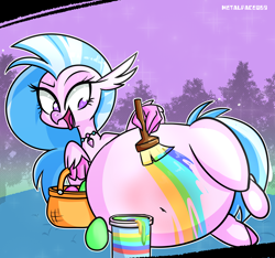 Size: 4600x4300 | Tagged: safe, artist:metalface069, silverstream, hippogriff, g4, basket, belly, belly blush, belly button, belly painting, commission, cute, diastreamies, easter, egg, fat, female, holiday, impossibly large belly, inflation, jewelry, necklace, silverblob, your character here