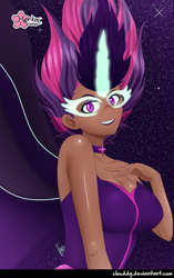Size: 793x1265 | Tagged: safe, alternate version, artist:clouddg, sci-twi, twilight sparkle, human, equestria girls, g4, my little pony equestria girls: legend of everfree, breasts, busty twilight sparkle, choker, cleavage, dark skin, female, human coloration, humanized, looking at you, midnight sparkle, multiple variants, sexy, solo