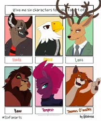 Size: 1080x1290 | Tagged: safe, artist:catreaa, tempest shadow, big cat, bird, cat, deer, eagle, hyena, lion, unicorn, anthro, g4, animal crossing, anthro with ponies, antlers, apollo (animal crossing), armor, beastars, broken horn, bust, clothes, crossover, disney, female, grin, haida, horn, kovu, louis (beastars), male, mare, necktie, sanrio, six fanarts, smiling, the aristocats, the lion king, thomas o'malley