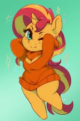 Size: 1244x1878 | Tagged: safe, artist:arnachy, sunset shimmer, unicorn, anthro, g4, boob window, chibi, clothes, cute, digital art, female, keyhole turtleneck, mare, shimmerbetes, smiling, solo, sweater, turtleneck