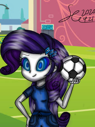 Size: 1200x1600 | Tagged: safe, artist:starflashing twinkle, rarity, equestria girls, g4, female, football, hairpin, hand, hypnosis, hypnotized, kaa eyes, personality change, playground, solo, spiral, sports, sports outfit