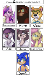 Size: 996x1599 | Tagged: safe, artist:neoravenclan, fluttershy, princess cadance, alicorn, bear, big cat, lion, pegasus, pony, wolf, anthro, g4, animal crossing, anthro with ponies, beastars, bust, crossover, eye scar, female, frown, juno (beastars), kovu, male, mare, nate (animal crossing), one eye closed, raz, scar, six fanarts, smiling, sonic the hedgehog, sonic the hedgehog (series), the lion king, wink