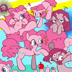 Size: 900x900 | Tagged: safe, artist:anko, artist:ogw0829, pinkie pie, earth pony, pony, g4, :p, apple, confetti, crying, cute, diapinkes, duality, female, floating heart, floppy ears, food, happy, heart, mare, one eye closed, pinkamena diane pie, rock, sad, solo, tongue out, wink