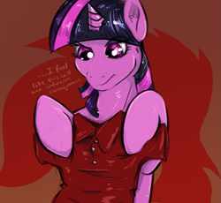 Size: 1065x981 | Tagged: safe, artist:testostepone, twilight sparkle, oc, oc:acesential, alicorn, pony, g4, contemplating, female, hoof hold, implied transformation, mare, polo shirt, solo, text