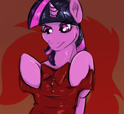 Size: 1065x981 | Tagged: safe, alternate version, artist:testostepone, twilight sparkle, oc, oc:acesential, alicorn, pony, g4, contemplating, female, hoof hold, implied transformation, mare, polo shirt, solo