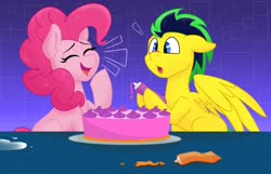 Size: 1280x826 | Tagged: safe, artist:cadetredshirt, pinkie pie, oc, oc:whirlwind, earth pony, pegasus, pony, g4, abstract background, baking, cake, covering mouth, cross-eyed, decorating, dessert, duo, ear fluff, emanata, exclamation point, eyes closed, female, floppy ears, flour, food, gradient background, hoof hold, icing bag, icing on nose, laughing, male, open mouth, open smile, pink coat, pink mane, shipping fuel, smiling, straight, two toned mane, wings, yellow coat