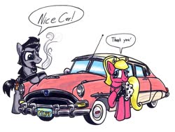Size: 1024x770 | Tagged: safe, artist:sketchywolf-13, oc, oc only, oc:sketchy, unnamed oc, earth pony, pony, car, cigarette, clothes, dress, female, hudson hornet, jacket, leather jacket, male, mare, simple background, smoking, speech bubble, stallion, text, traditional art, white background