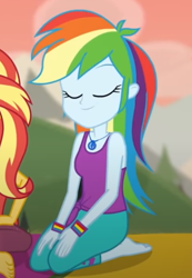 Size: 341x494 | Tagged: safe, screencap, rainbow dash, sunset shimmer, equestria girls, g4, my little pony equestria girls: better together, wake up!, wake up!: rainbow dash, barefoot, clothes, cropped, feet, female, legs, pants, sleeveless, smiling, tank top, yoga, yoga pants