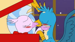 Size: 800x451 | Tagged: safe, artist:noidavaliable, edit, gallus, silverstream, classical hippogriff, griffon, hippogriff, g4, blushing, cute, diastreamies, female, gallabetes, gallus's gift, interspecies, kissing, male, present, ribbon, ship:gallstream, shipping, straight, window