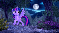 Size: 3840x2160 | Tagged: safe, artist:owlpirate, twilight sparkle, alicorn, pony, g4, 3d, beautiful, female, high res, looking up, mare, moon, night, pose, raised hoof, sky, smiling, solo, source filmmaker, spread wings, tree, twilight sparkle (alicorn), wings