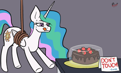 Size: 1500x900 | Tagged: safe, artist:riotsweetly, princess celestia, alicorn, pony, g4, cake, cakelestia, female, food, humor, mare, rope, simple background, solo, strawberry, sweat, tongue out